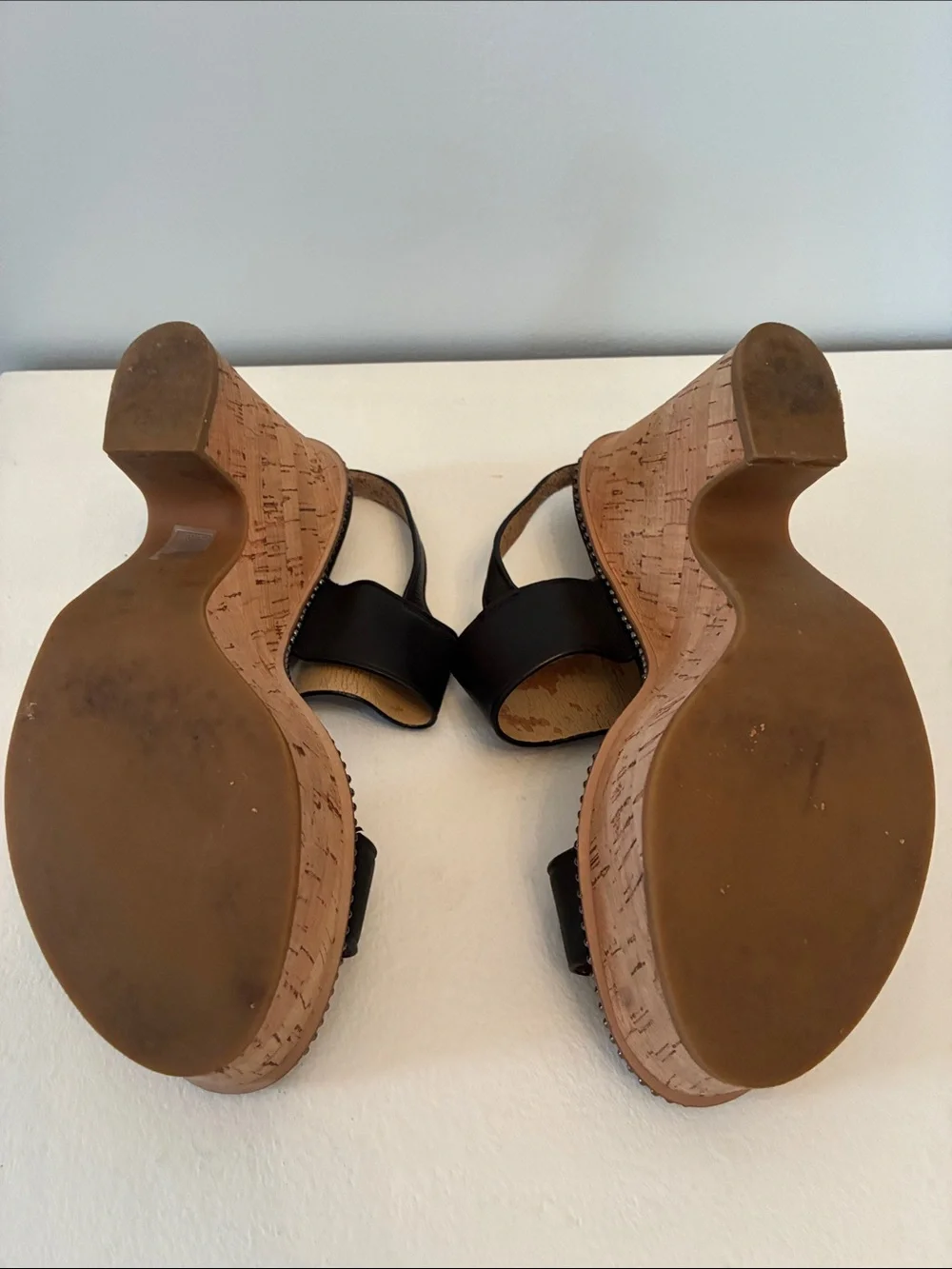 Coach Black Leather Cork Platform Sandals with Stud Trim Size 7.5